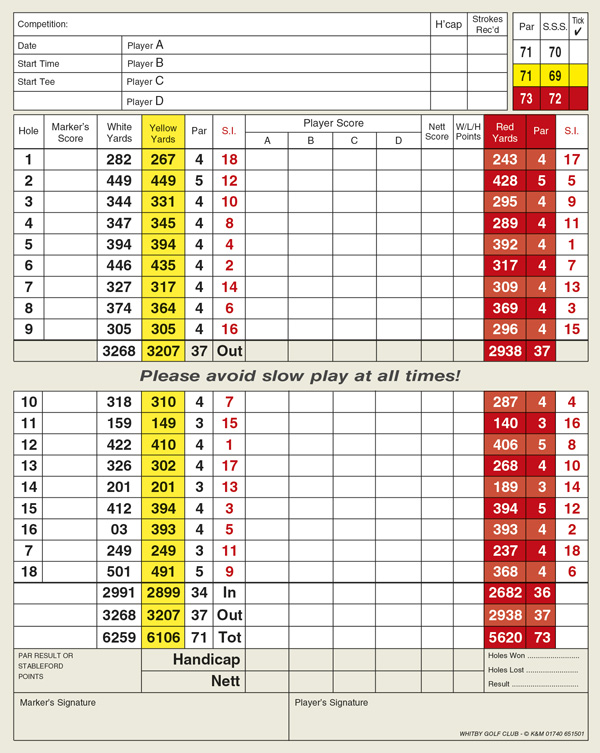 Whitby Golf Club golf score grid by K&M Golf
