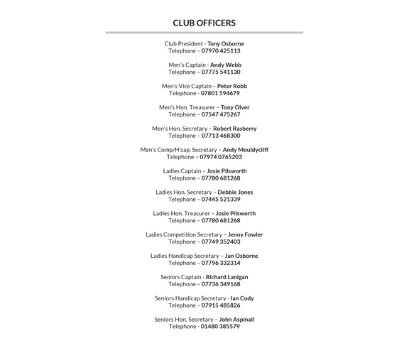 A list of Golf Club Officers and Contact Details in golf diaries by K&M Golf