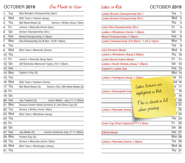 One month to view diary layout with Ladies fixture entires highlighted in Red by K&M Golf
