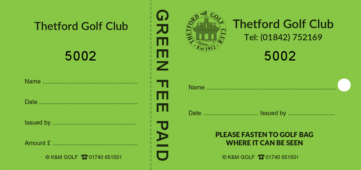 K&M Golf Style3 Green Fee Tag for Thetford Golf Club - Front